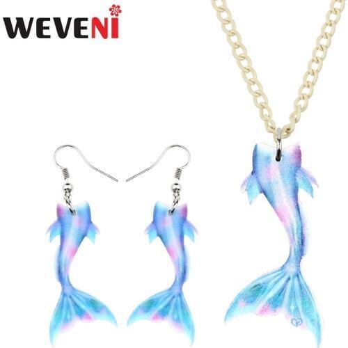 WEVENI Acrylic Colorful Fairy Mermaid Fish Tail Necklace Earrings Jewelry Sets Girl Kid Fashion Ocean sea Decoration Charm Gift
