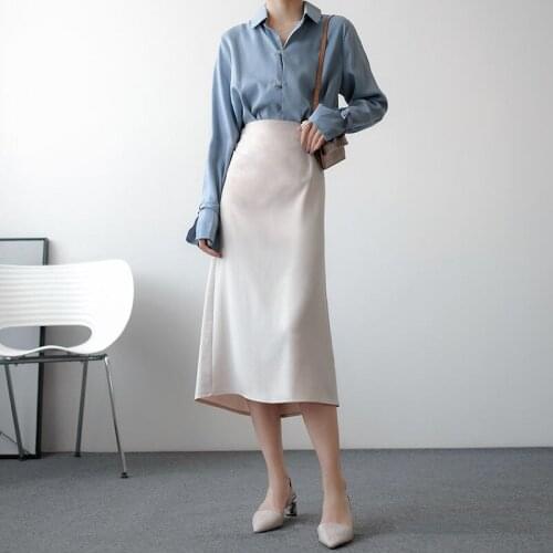 Womens Skirt Korean Style A-line Satin Blue Black High Waist Ankle Length Woman Skirts Mujer Faldas Femme Jupes Saias Mulher