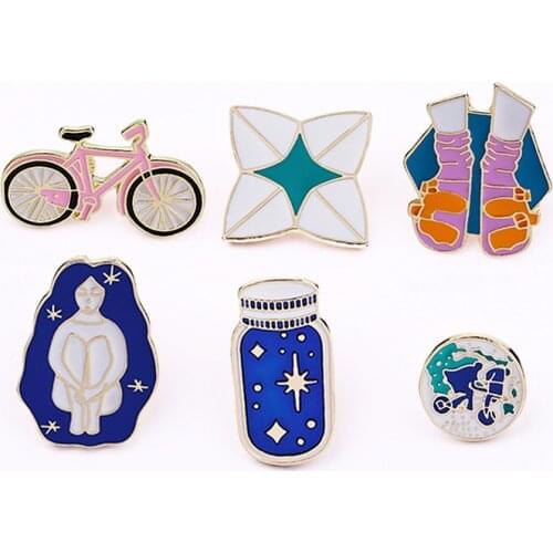 Cartoon Brooches Bicycle Girl Origami Enamel Pins Wishing Bottle Travel around the World Denim Jackets Metal Lapel Pin Bag Badge