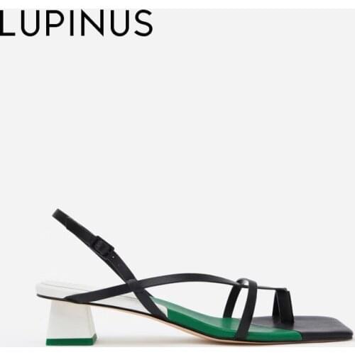 LUPINUS 2021 New Summer Women Sandals Fashion Square Toe Mid Heel Women Sandals Chic Thong Toe Women High Heel Retro Women Pumps