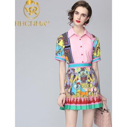 2021 Summer Fashion Temperament New Exotic Print Lapel Puff Sleeve Shirt Female High Waist Slim Slim Skirt Suit Two Piece Sets