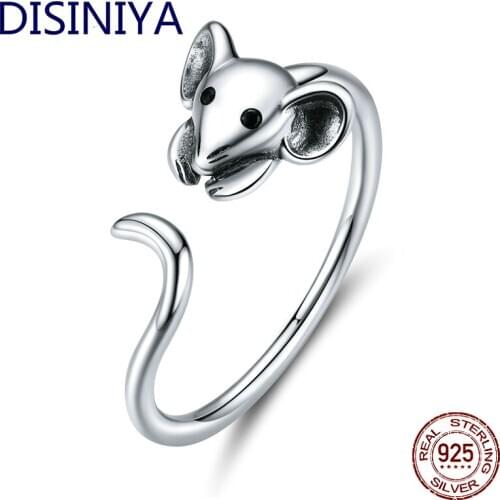 DISINIYA Authentic 925 Sterling Silver Mouse Animal Adjustable Finger Ring for Women 2020 Zodiac Fashion Jewelry JSCR26632