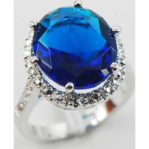 Blue Crystal Zircon White Crystal Zircon Women 925 Sterling Silver Ring F975 Size 6 7 8 9 10