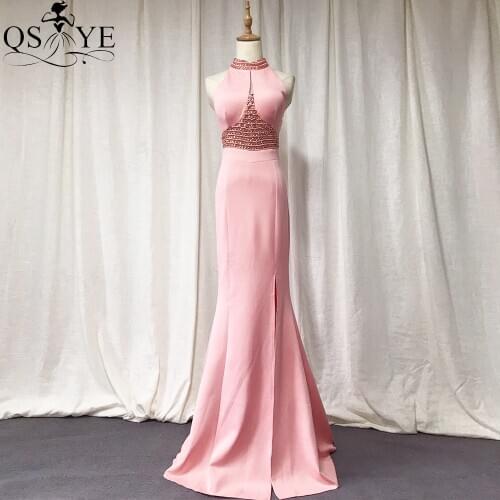 QSYYE Pink Evening Dress Elastic Beading High Neck Mermaid Evening Gown Crystals Party Dress Split Basque Waist Formal Dress