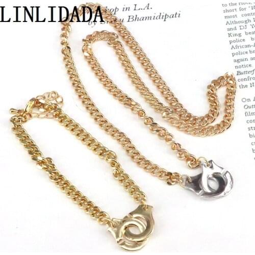 3Sets, 2021Fashion Handcuffs Bracelet necklace gold silver color link chain Couple Lock charm jewelry For Women Girls party gift