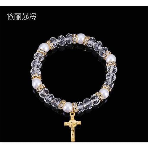 48 Pieces / Catholic Golden Rosary Crystal Beaded Cross Bracelet Rosary Holy Mercy Jesus Icon Plastic Religious Gift