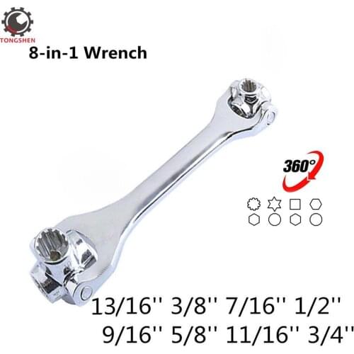 8 in One Multifunction Dog Bone Wrench Hexagon Socket Wrench Rotation Head Spanner with Spline Bolts Torx Square Damaged Bolts
