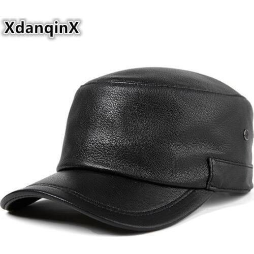 XdanqinX Genuine Leather Hat Sheepskin Baseball Caps For Men Adjustable Size Brand Mens Flat Cap New Autumn Winter Snapback Cap