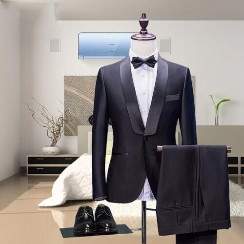 Black Men Suits for Wedding 2019 Shawl Lapel Regular Fit Groom Tuxedo Custom Made Best Man Blazers Party 2 Piece Terno Masculino