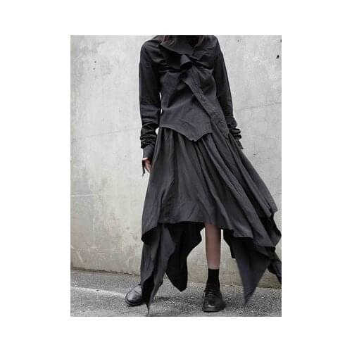 Home-made Yamamoto style irregular asymmetrical black dress half-length female high waist a word long minority dark