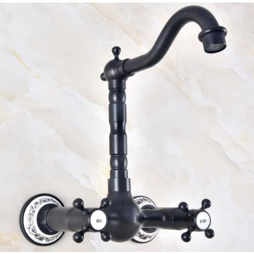 Black Oil Rubbed Bronze Brass Two Cross Handles Wall Mount Swivel Spout Kitchen & Bathroom Basin Sink Faucet Mixer Tap anf474