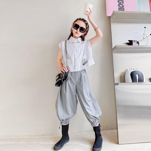 Children Suit Kids Casual Set Girl Summer Sleeveless Suit Cool Girl Suit Fashion Teen Sleeveless Shirt Top+ Harem Pants 2pcs New