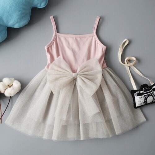 New cotton girls suspender bow sequins gauze princess vest dress children dress cute pink mesh dresses free shipping