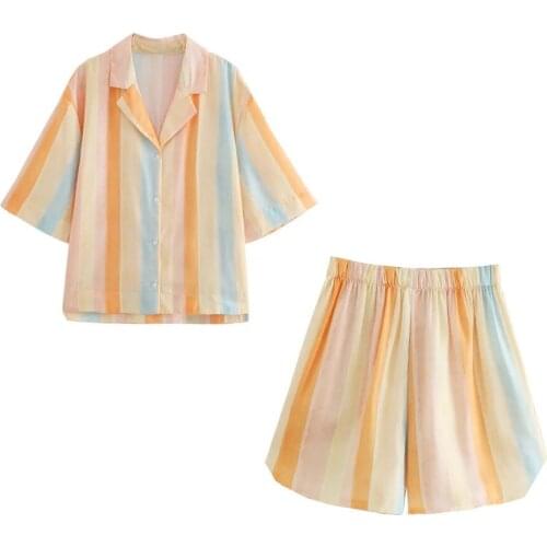 DYLQFS 2021 Women Beach Style Loose Stripe Print Summer Shirt Female Vintage Short Sleeve Casual Elastic High Waist Shorts Set