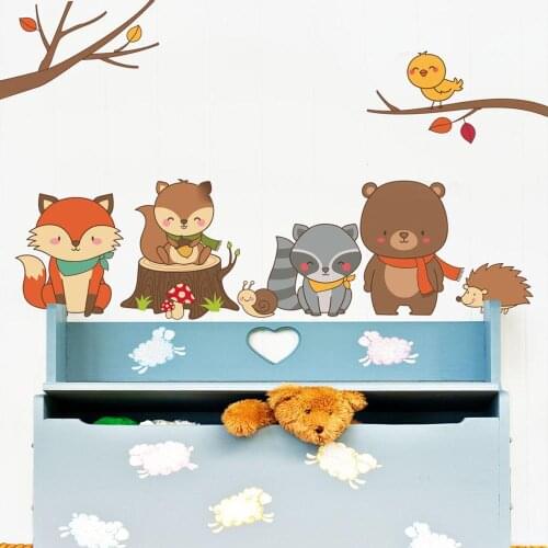 Etiqueta de La pared de Animales del bosque, Baby Fox Bear, dibujos animados DIY para habitación de los niños, decoración del ho