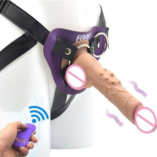 FAAK Remote Telescopic Vibration Vibrator Silicone Realistic Penis Dildo Suction Leather Belt Vibrator Lesbian Sex Toys