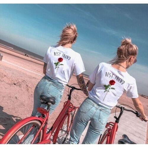 1pcs Women Fashion BEST FRIEND Tshirts Summer Rose Printed Graphic White Tees Summer Short Sleeve Wear Tumblr T Shirt