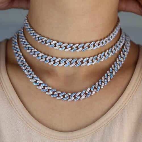 Blue White cubic zirconia cz hip hop bling Prong cuban link chain necklace bracelet set iced out jewelry set