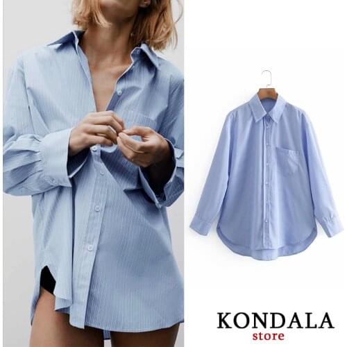 KONDALA Za 2020 Fashion Women Shirts Office Lady Striped Print Loose Long Shirts Mujer Long Sleeve Oversized Button Blouses Tops