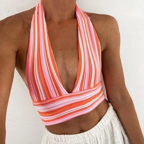 Sexy Striped Knitted Halter Crop Tops Women Sleeveless Backless Bandage Tank Top Club Party Outfits Summer Vest Streetwear