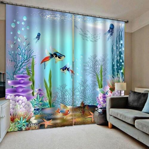 Cartoon Underwater World Plants and Chasing Little Fish Window Drapes for Childrens room Bedroom