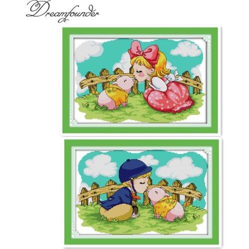 Kiss a little pig(1) cross stitch kit cartoon 14ct 11ct count print canvas stitching embroidery DIY handmade needlework