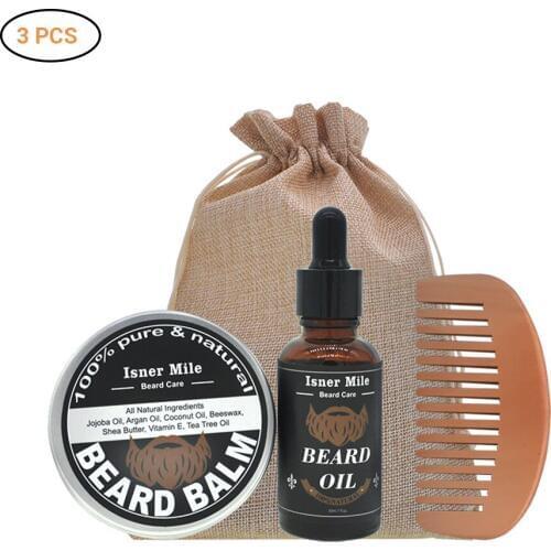New 3Pcs/set Beard Natural Organic Oil Mustache Wax Comb Set Styling Grooming Beard Balm With Mustache Comb Beard Cream Kit