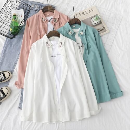 2021 Spring New Fine Womens Embroidered White Shirts Young Style Design Woman Long Sleeve Blouse Cotton Women Tops and Blouses
