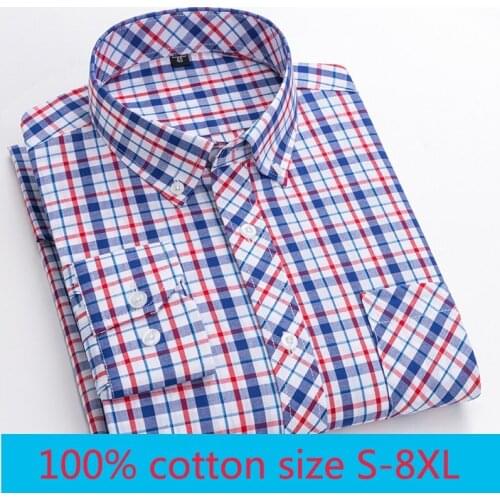 New Arrival Fashion 100% Cotton Thin Plaid Long Sleeve Casual Men Casual Shirts Summer Plus Size M-2XL 3XL 4XL 5XL 6XL 7XL 8XL