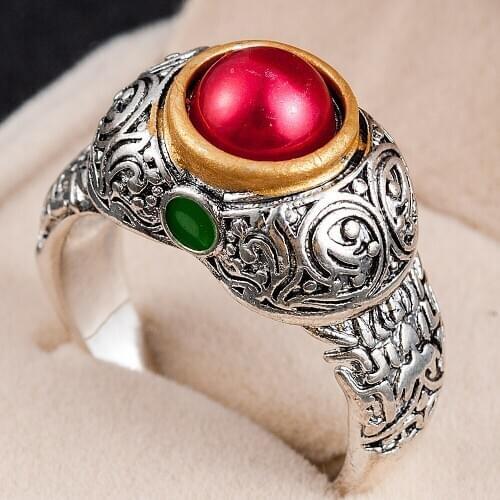 New Vintage Red Beads Green Plated Ring Women Man Wedding Engagement Jewelry Bagues Pour Femme Accesorios Mujer Aneis