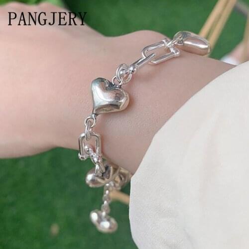 PANGJERY 925 Sterling Silver Adjustable Bracelets for Women INS Fashion Simple Smooth Chain LOVE Heart Engagement Jewelry Gifts