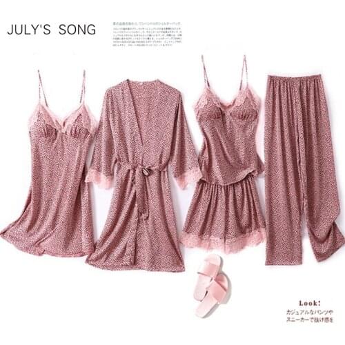 JULYS SONG 5 PCS Womens Pajamas Silk Satin Sleepwear Leopard Pajamas Set Summer Sling Lace Sexy Robe For Woman Loungewear