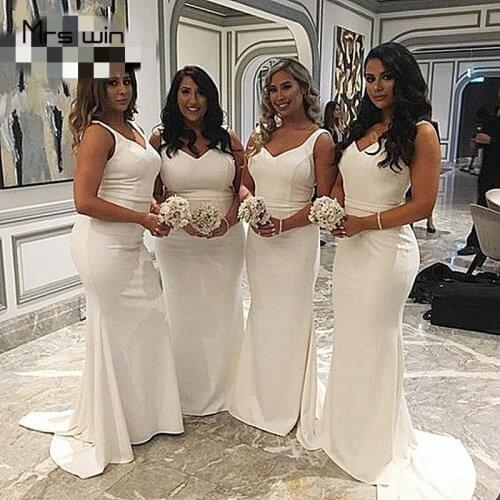 Mrs win Bridesmaid Dress For Girls White V Neck Corset Back Long Wedding Party Dresses HR252 2020 Long Mermaid Vestido Madrinha