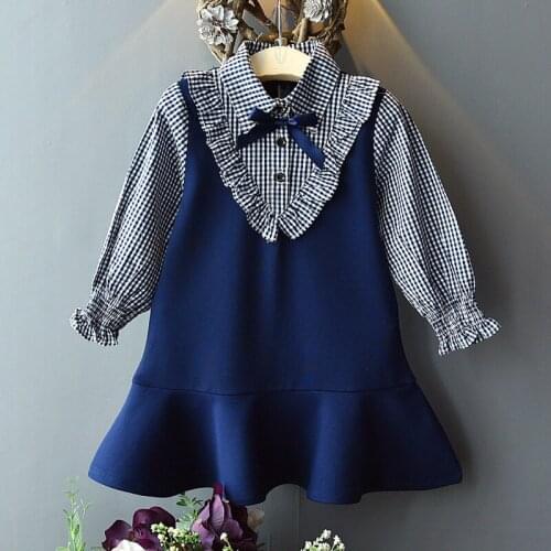 Girls Dresses 2020 Spring New Childrens Clothing Girls Fresh Sweet Long-Sleeved Fake Two-Piece Plaid Wood Ear Bow Lapels Dress