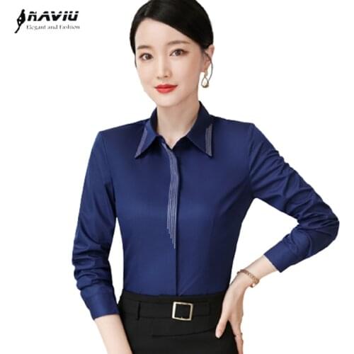 Navy Blue Long Sleeve Shirt Women 2021 Autumn New Business Interview Formal Slim OL Bottoming Blouses Office Ladies Work Tops