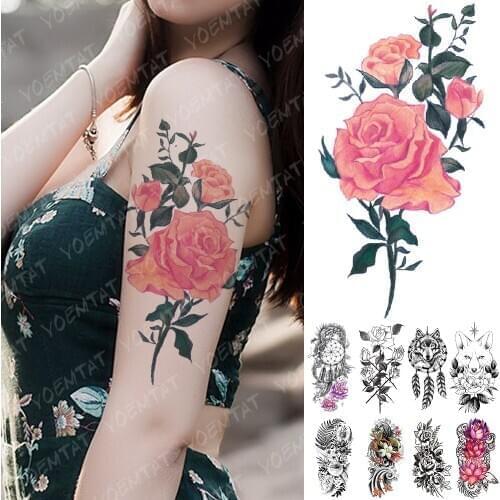 Waterproof Temporary Tattoo Sticker Rose Line Flower Lace Flash Tattoos Peony Wolf Body Art Arm Fake Tatoo Women Men