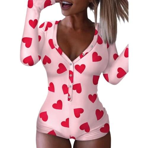 2021 Womens Sexy Butt Buttoned Flap Pajamas Cute Printed Long Sleeve Functional Buttons Design Romper
