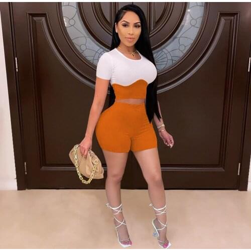 Color Blocking Sexy Matching Set Women 2021 Skinny Sexy Short Sleeve Club Crop Top and Biker Shorts Two Piece Sweatsuit Outfits