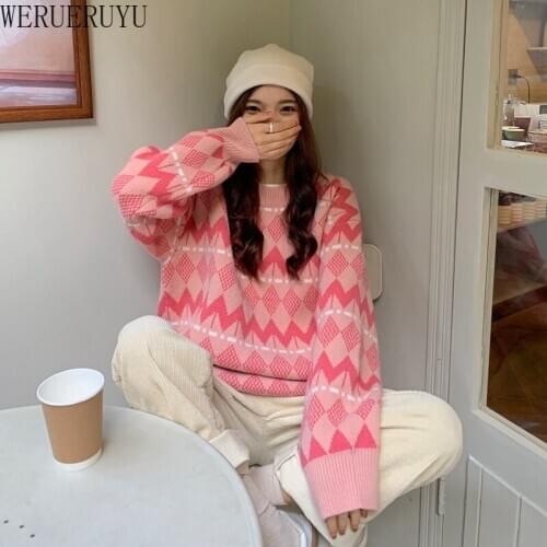 2021 Autumn Womens New Comfortable Jumpers O Neck Long Sleeve Vintage Plaid Pattern Pullover Knitted Sweater For Women