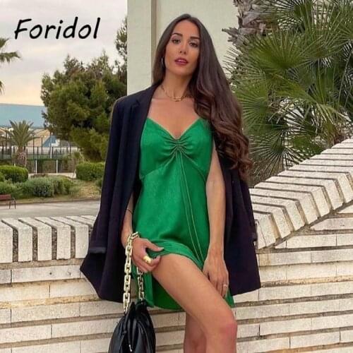 Foridol Spaghetti Strap V Neck Satin Green Dress Women Summer Sundress Short Mini Party Dress Sleeveless Ruched Beach Dress