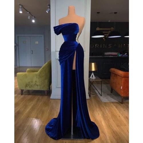 Royal Blue Velvet Prom Dress 2021 A Line Strapless High Slit Side Evening Formal Party Gowns robes de soirée