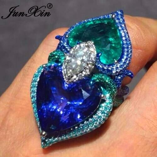 JUNXIN Female Blue Green Crystal Big Heart Rings For Women White Gold Filled Marquise Cut White CZ Stone Wedding Ring Jewelry