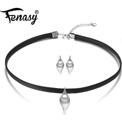 FENASY 925 Sterling Silver Choker Necklace Natural Freshwater Pearl Pendant Necklace For Women Black Rope Chain Leaf Shape