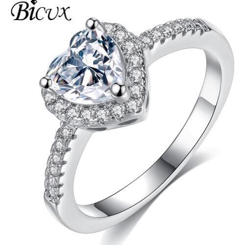 BICUX Fashion Cute Romantic Love 3 Claw Big Heart Crystal Silver Color Rings for Women Wedding Cubic Zirconia Ring Jewelry