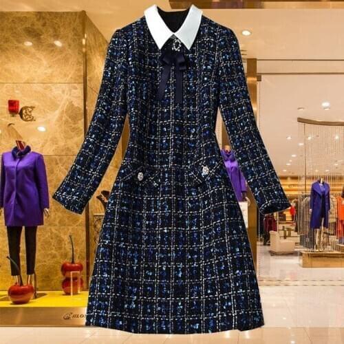 JSXDHK Vestidos Autumn Winter Diamonds Bow Tie Turn Down Collar Tweed Dress Runway Women Plaid Beaded Tassel Woolen A Line Dress