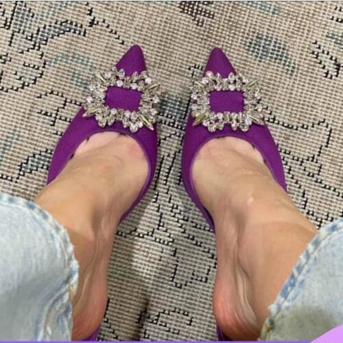 2021 European and American Style Closed Toe Niche Design Rhinestone High Heel Shoes Womens Summer Satin Mid Heel Slippers