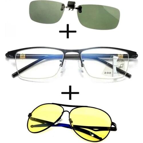 3Pcs!!! Progressive Far and Near Business Reading Glasses Men Women + Polarized Sunglasses Pilot Night Vision + Sunglasses Clip