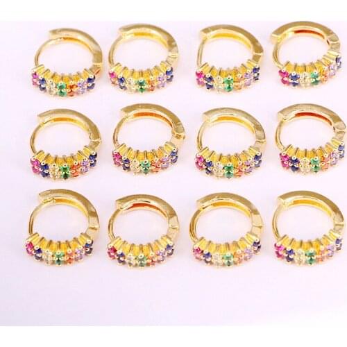6Pairs, Fashion Multi Micro Pave CZ Gold Color Circle shaped Earrings Rainbow Colorful CZ Bar Hoops For Women Girls