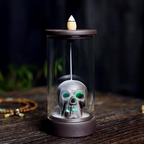 Color Lights Skull Shape Backflow Incense Burner Purple Clay Skull Incense Holder Home Decoration Crafts Aroma Censer Home Decor