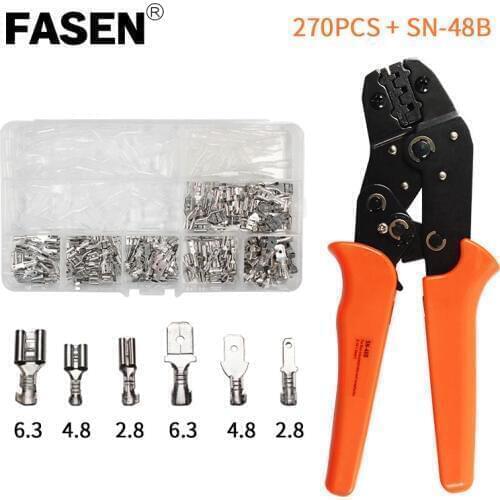 Wire Terminals Crimping Pliers Tool AWG26-16 270 Pcs 2.8mm 4.8mm 6.3mm Male/Female Wire Spade Connectors Terminals Crimper Kit
